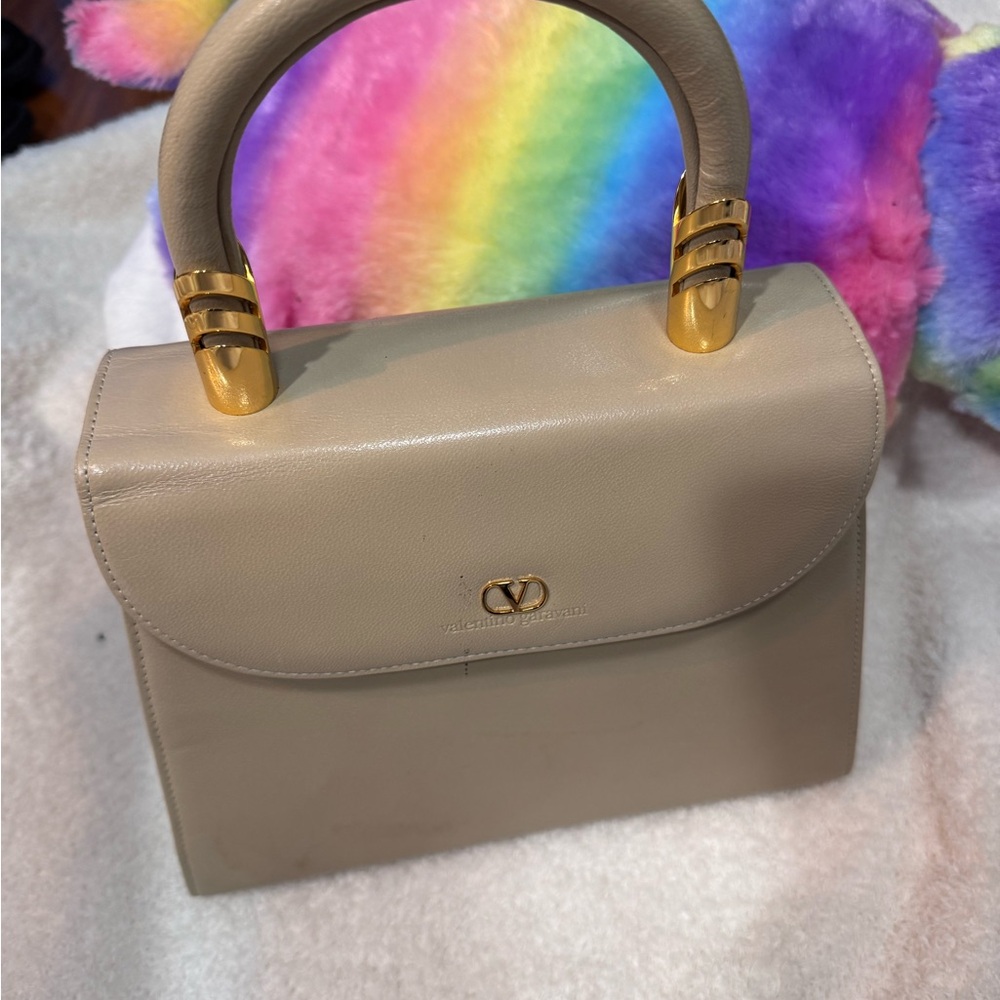 Valentino Taupe Leather Satchel with Gold Accents